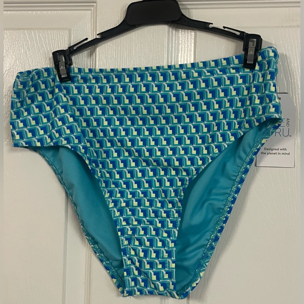 NWT Time and Tru High Waist Geo Print Bikini Bottoms Large 12-14 Teal Moon - Picture 6 of 11